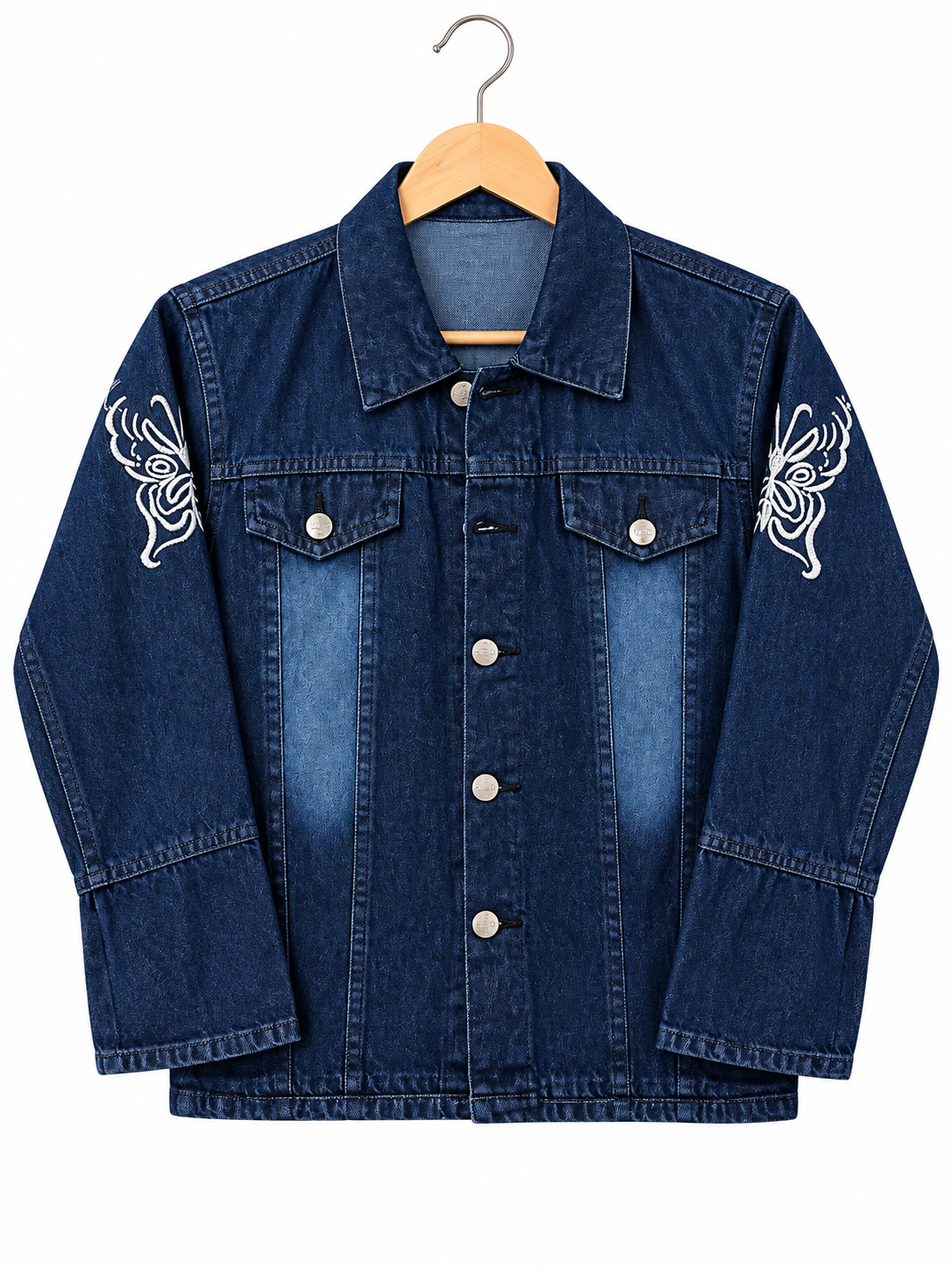 Girls White Butterfly Embroidered Denim Jacket – Sleeve and Back Design