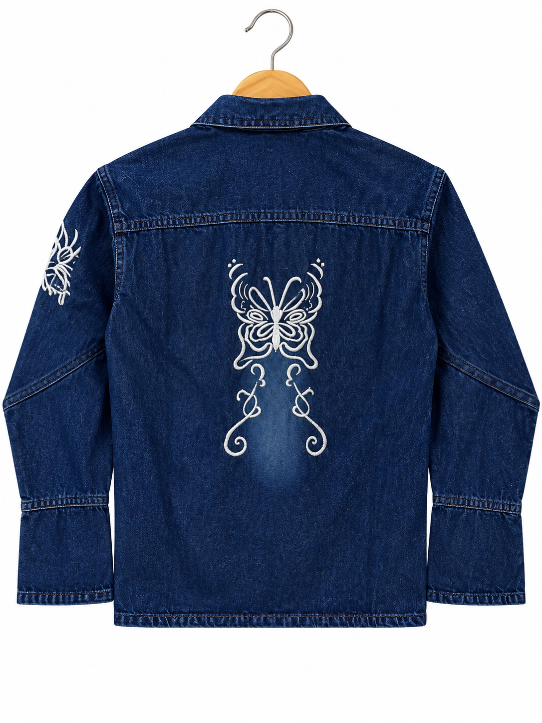 Girls White Butterfly Embroidered Denim Jacket – Sleeve and Back Design