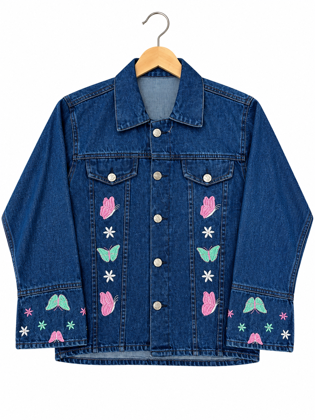 Girls Colourful Butterfly and Flower Embroidered Denim Jacket