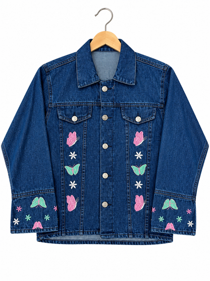 Girls Colourful Butterfly and Flower Embroidered Denim Jacket