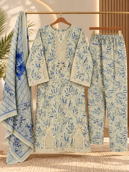 YZS Fashion 3 Piece Embroidered Printed Suit for Women - Shirt, Trouser & Dupatta