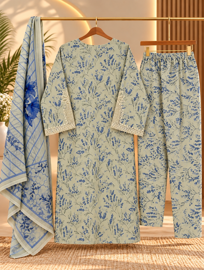 YZS Fashion 3 Piece Embroidered Printed Suit for Women - Shirt, Trouser & Dupatta