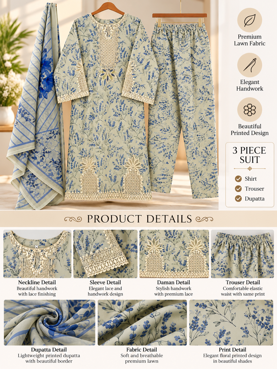 YZS Fashion 3 Piece Embroidered Printed Suit for Women - Shirt, Trouser & Dupatta