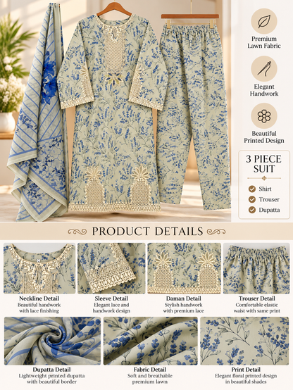YZS Fashion 3 Piece Embroidered Printed Suit for Women - Shirt, Trouser & Dupatta