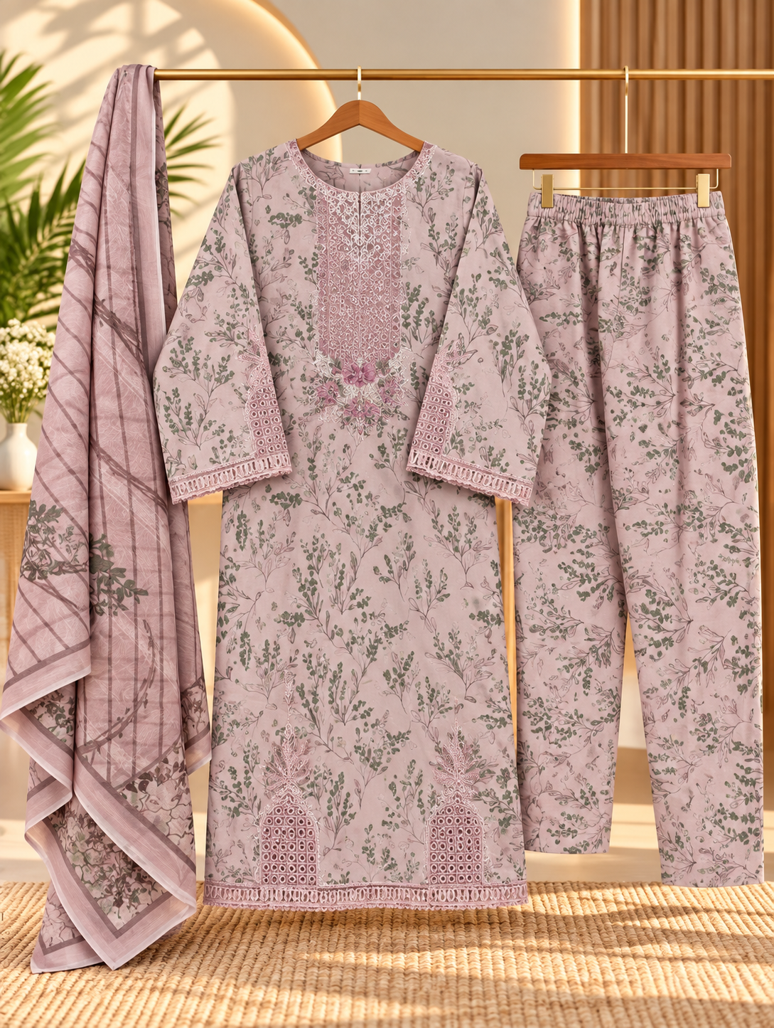 YZS Fashion 3 Piece Embroidered Printed Suit for Women - Shirt, Trouser & Dupatta