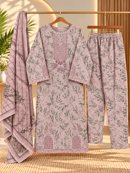 YZS Fashion 3 Piece Embroidered Printed Suit for Women - Shirt, Trouser & Dupatta