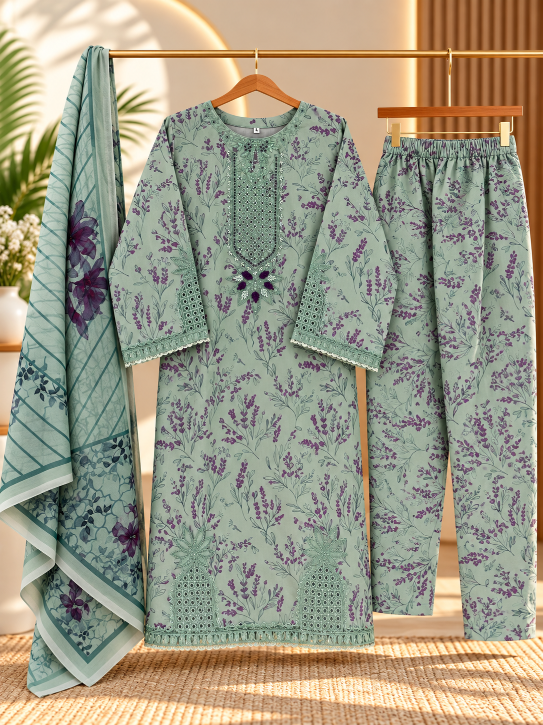 YZS Fashion 3 Piece Embroidered Printed Suit for Women - Shirt, Trouser & Dupatta