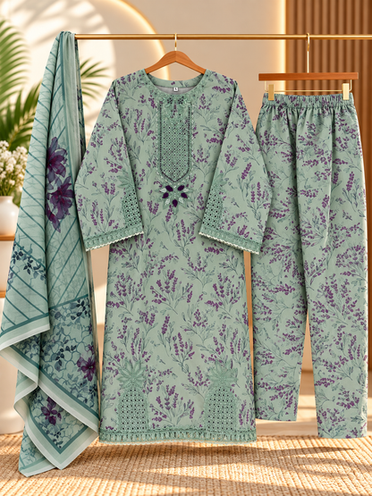 YZS Fashion 3 Piece Embroidered Printed Suit for Women - Shirt, Trouser & Dupatta