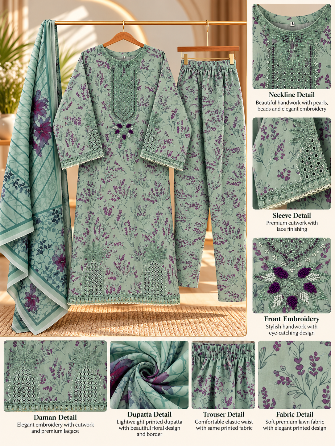 YZS Fashion 3 Piece Embroidered Printed Suit for Women - Shirt, Trouser & Dupatta