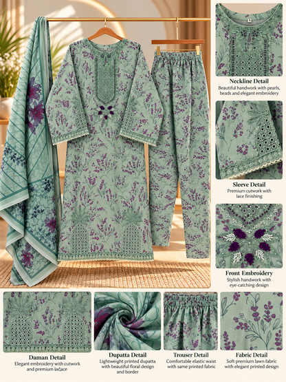 YZS Fashion 3 Piece Embroidered Printed Suit for Women - Shirt, Trouser & Dupatta