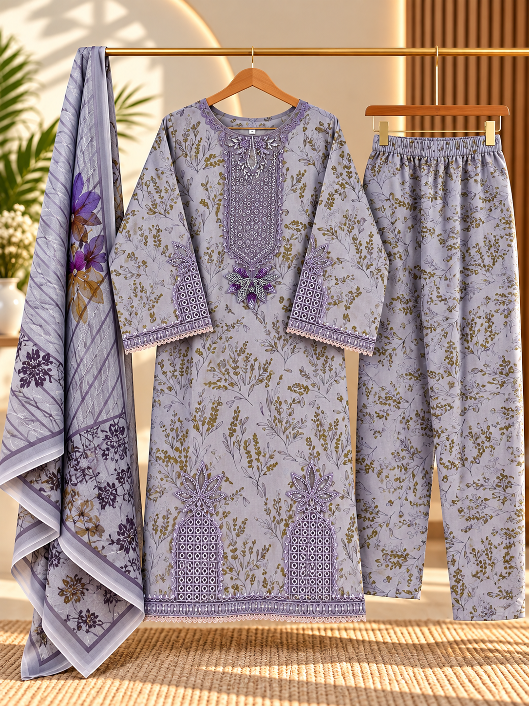 YZS Fashion 3 Piece Embroidered Printed Suit for Women - Shirt, Trouser & Dupatta