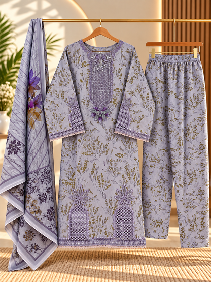 YZS Fashion 3 Piece Embroidered Printed Suit for Women - Shirt, Trouser & Dupatta