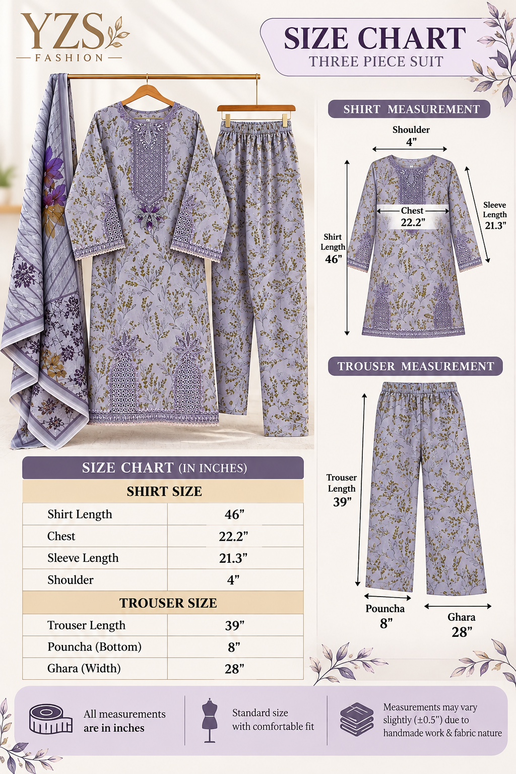 YZS Fashion 3 Piece Embroidered Printed Suit for Women - Shirt, Trouser & Dupatta