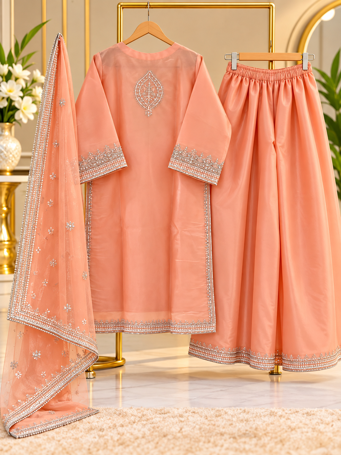 Peach Embroidered 3 Piece Suit for Women - Shirt, Palazzo & Net Dupatta