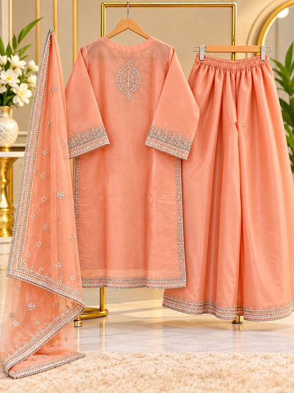 Peach Embroidered 3 Piece Suit for Women - Shirt, Palazzo & Net Dupatta