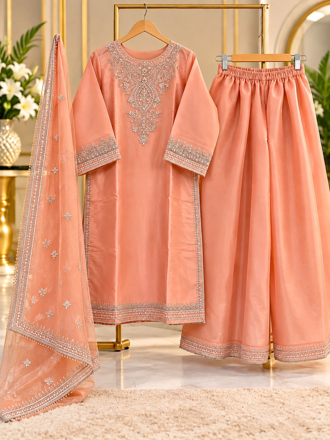 Peach Embroidered 3 Piece Suit for Women - Shirt, Palazzo & Net Dupatta
