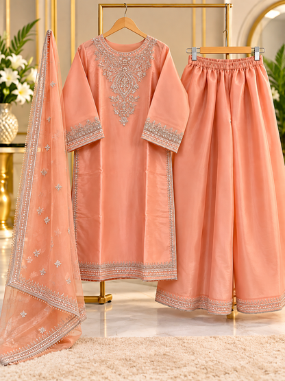 Peach Embroidered 3 Piece Suit for Women - Shirt, Palazzo & Net Dupatta