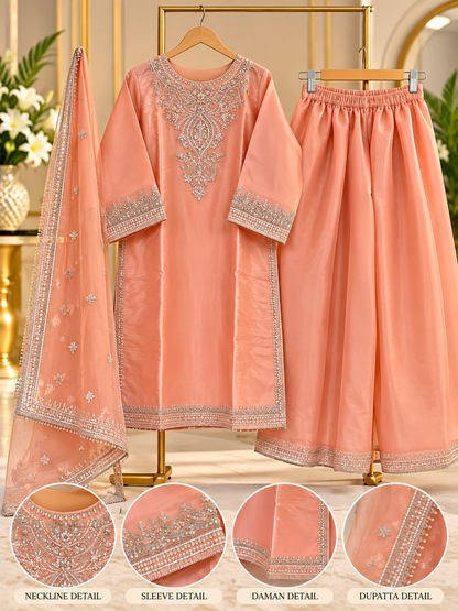 Peach Embroidered 3 Piece Suit for Women - Shirt, Palazzo & Net Dupatta