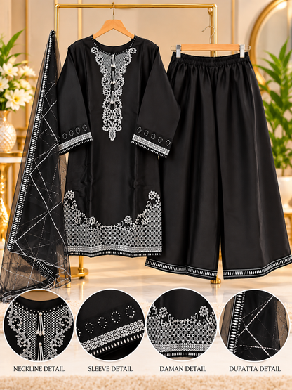 Black Embroidered 3 Piece Suit for Women - Shirt, Palazzo & Net Dupatta