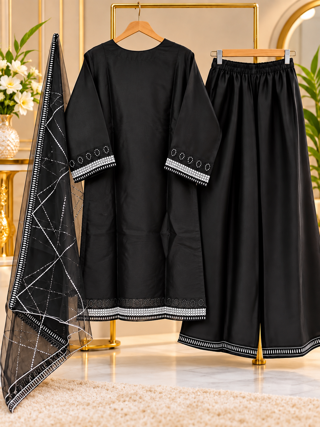 Black Embroidered 3 Piece Suit for Women - Shirt, Palazzo & Net Dupatta