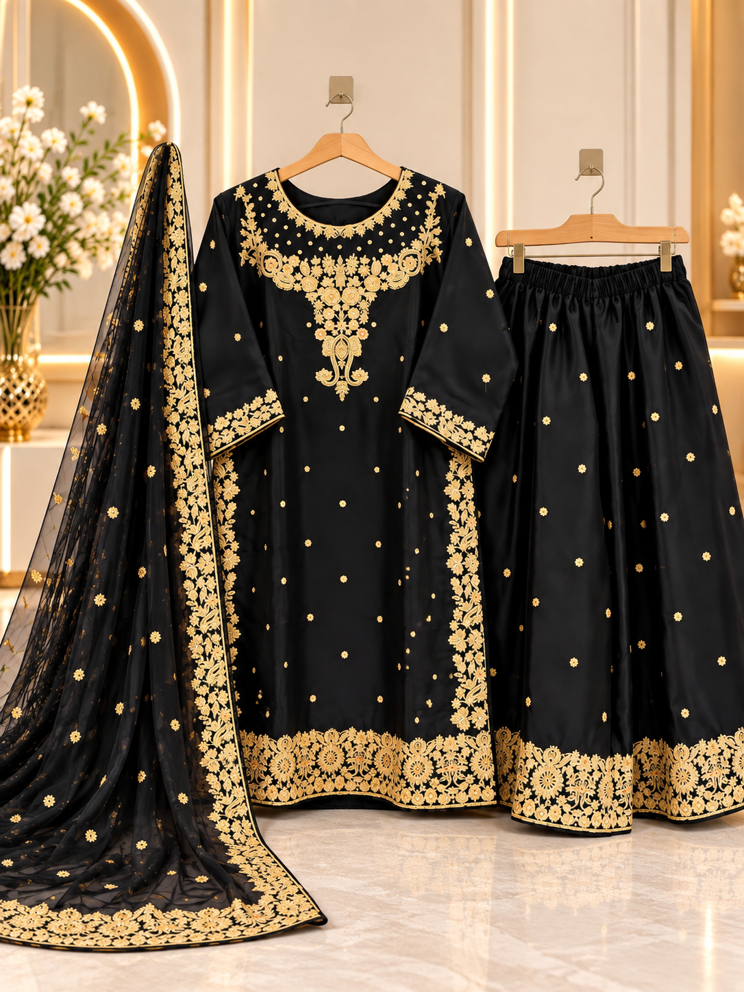 Black & Golden Embroidered 3 Piece Suit for Women - Shirt, Palazzo & Net Dupatta