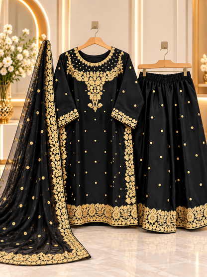 Black & Golden Embroidered 3 Piece Suit for Women - Shirt, Palazzo & Net Dupatta