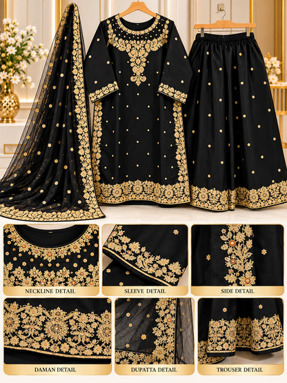 Black & Golden Embroidered 3 Piece Suit for Women - Shirt, Palazzo & Net Dupatta