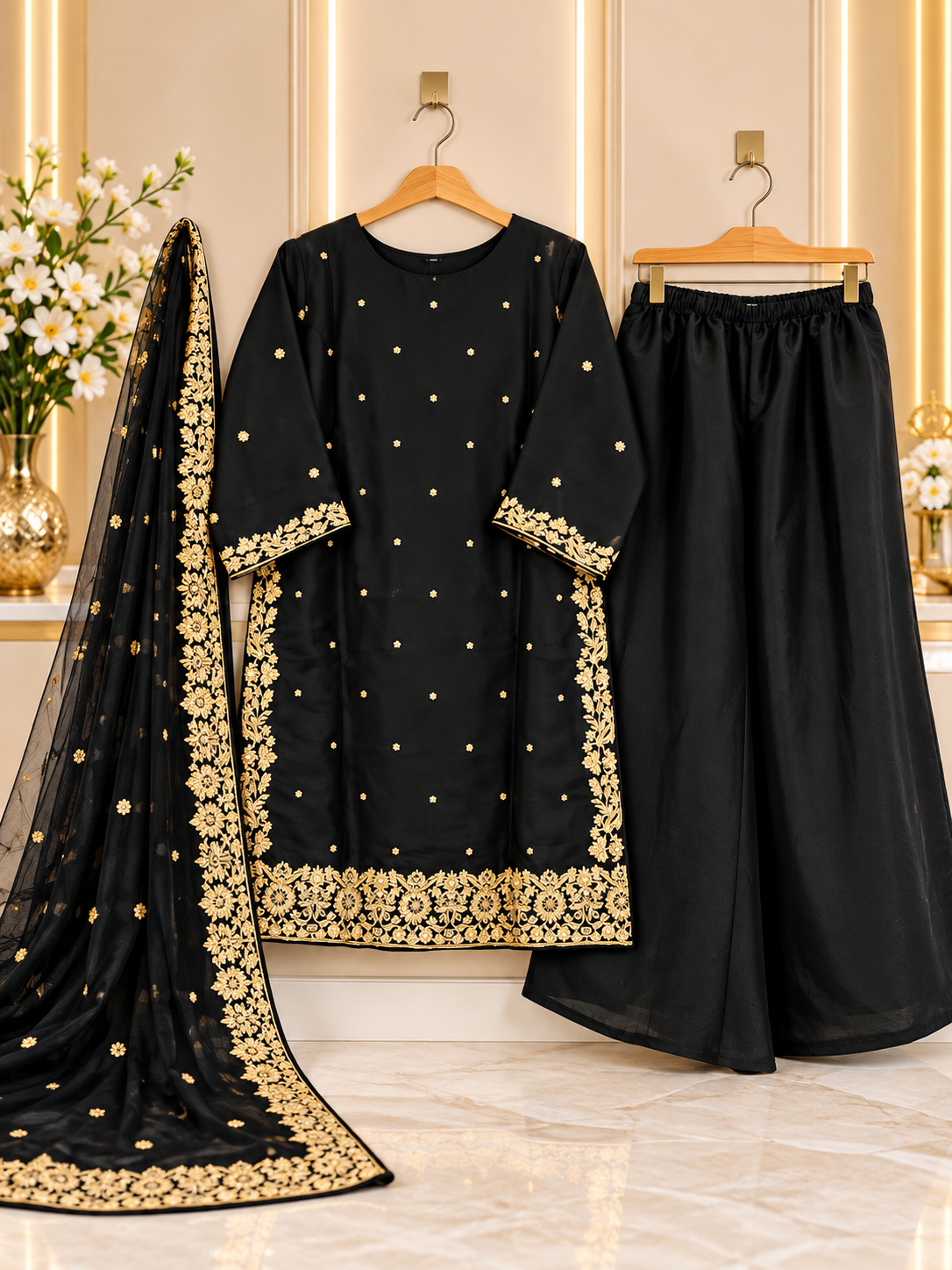 Black & Golden Embroidered 3 Piece Suit for Women - Shirt, Palazzo & Net Dupatta