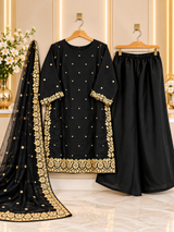 Black & Golden Embroidered 3 Piece Suit for Women - Shirt, Palazzo & Net Dupatta