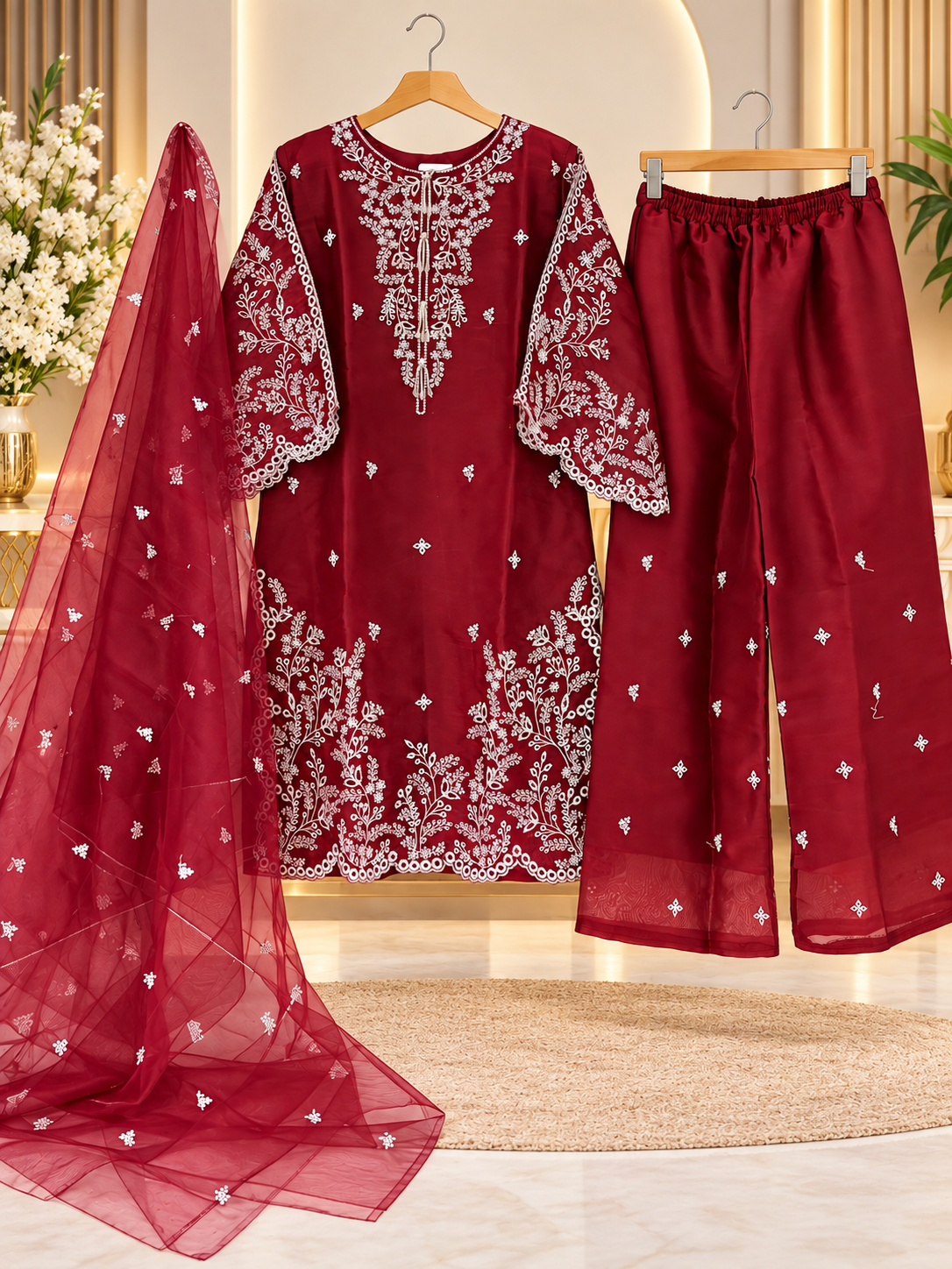 Maroon Embroidered 3 Piece Suit for Women - Shirt, Palazzo & Net Dupatta