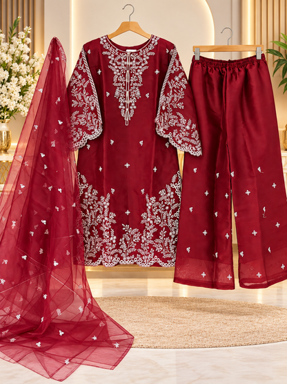 Maroon Embroidered 3 Piece Suit for Women - Shirt, Palazzo & Net Dupatta