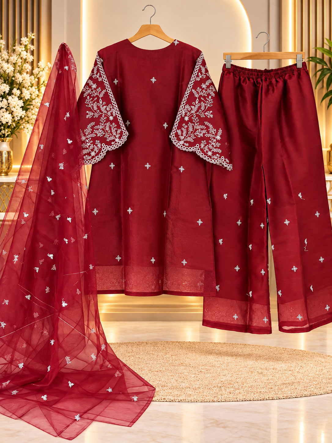 Maroon Embroidered 3 Piece Suit for Women - Shirt, Palazzo & Net Dupatta