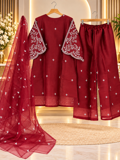 Maroon Embroidered 3 Piece Suit for Women - Shirt, Palazzo & Net Dupatta