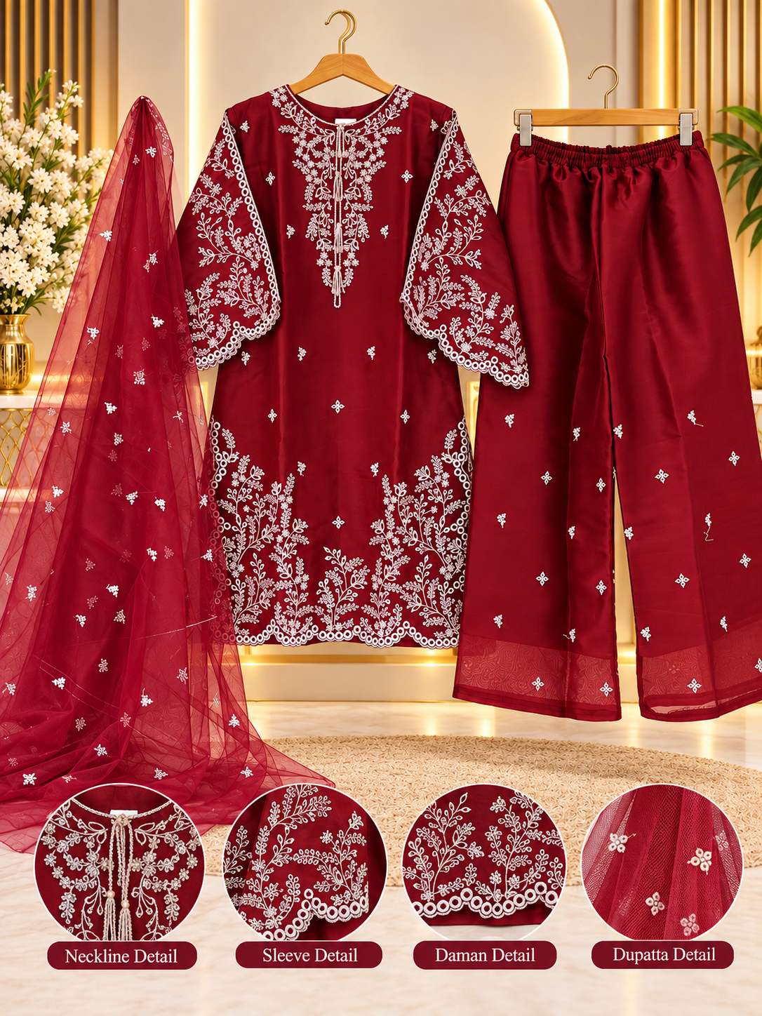 Maroon Embroidered 3 Piece Suit for Women - Shirt, Palazzo & Net Dupatta