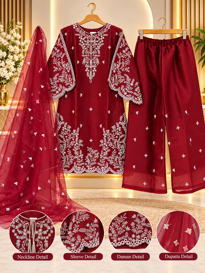 Maroon Embroidered 3 Piece Suit for Women - Shirt, Palazzo & Net Dupatta