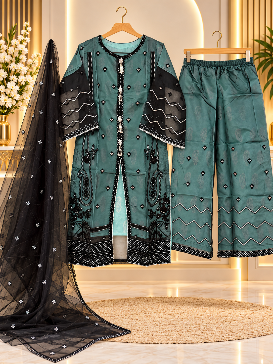 Teal Embroidered 3 Piece Suit for Women - Front Open Shirt, Palazzo & Black Net Dupatta