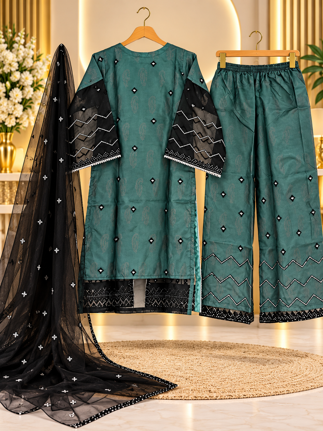 Teal Embroidered 3 Piece Suit for Women - Front Open Shirt, Palazzo & Black Net Dupatta