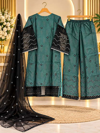 Teal Embroidered 3 Piece Suit for Women - Front Open Shirt, Palazzo & Black Net Dupatta