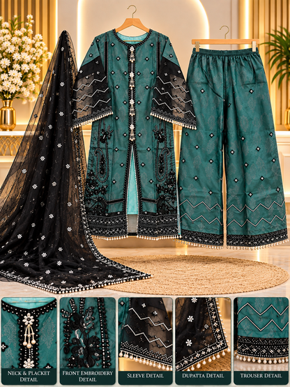 Teal Embroidered 3 Piece Suit for Women - Front Open Shirt, Palazzo & Black Net Dupatta