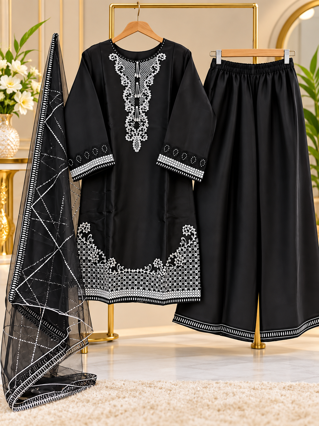 Black Embroidered 3 Piece Suit for Women - Shirt, Palazzo & Net Dupatta