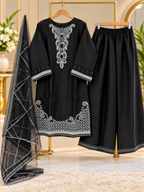 Black Embroidered 3 Piece Suit for Women - Shirt, Palazzo & Net Dupatta