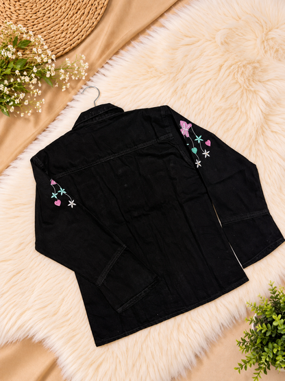 Black Denim Jacket for Girls & Women - Butterfly Embroidery
