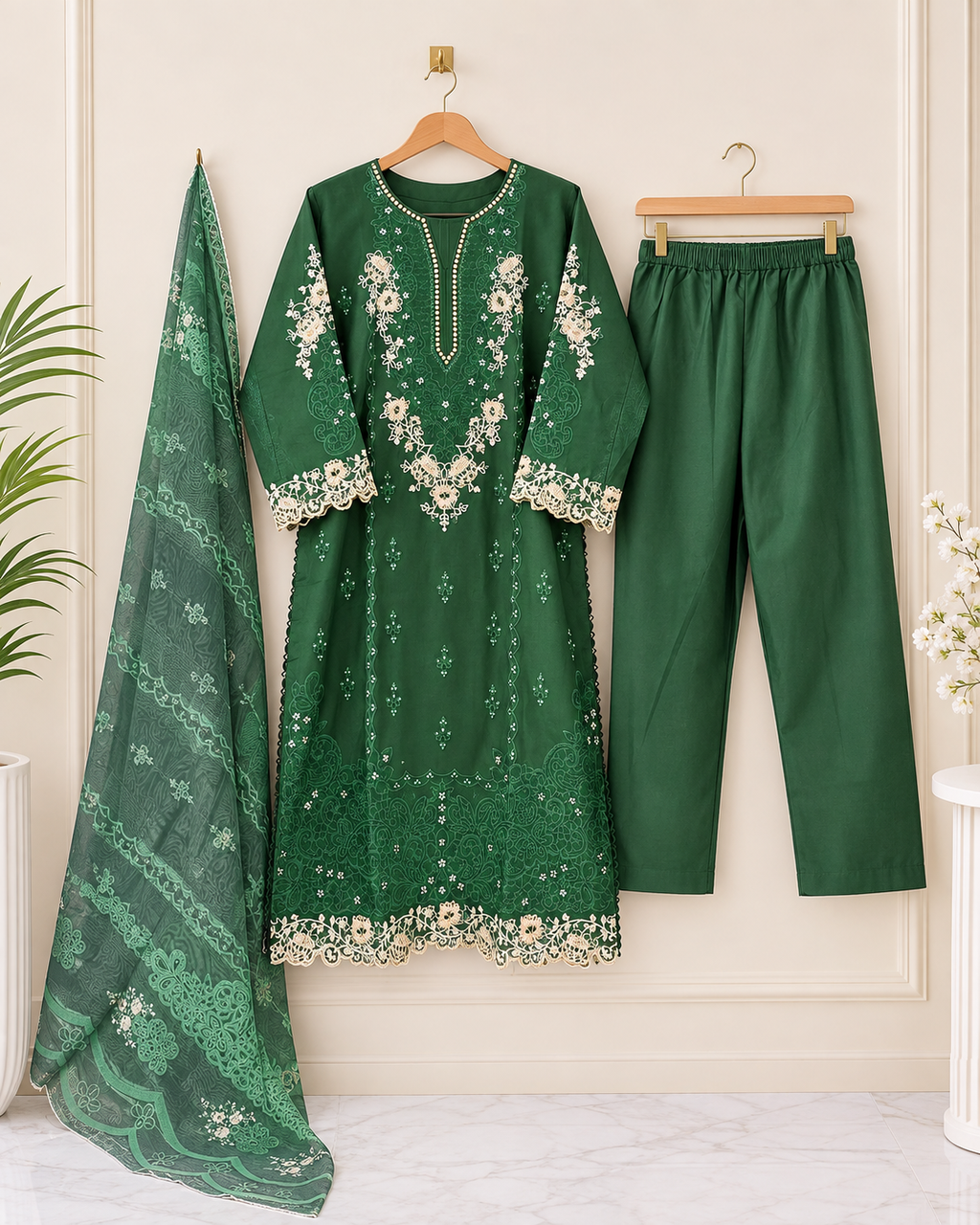 Embroidered Cotton 3 Piece Suit for Women
