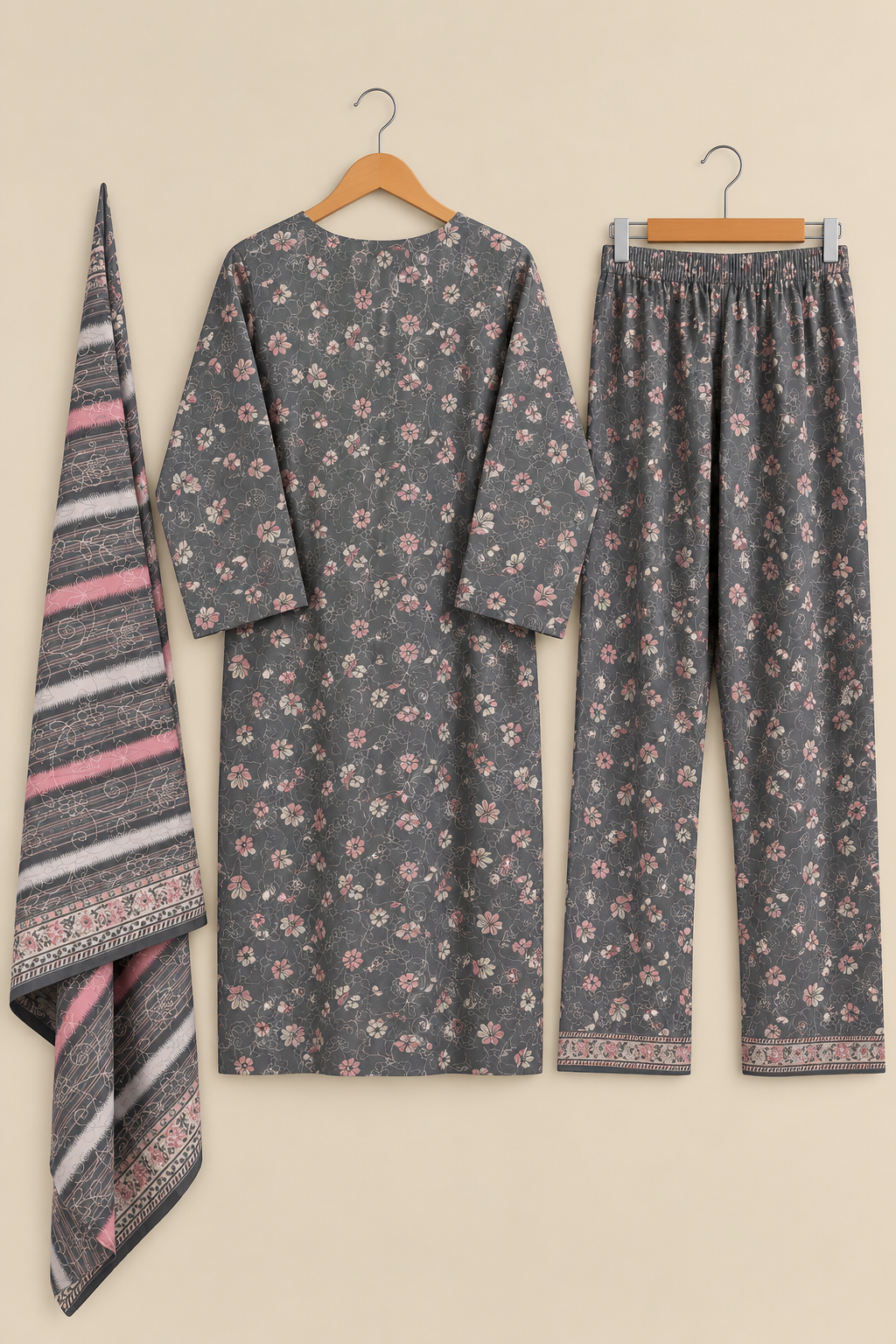 Grey Floral Printed 3-Piece Suit