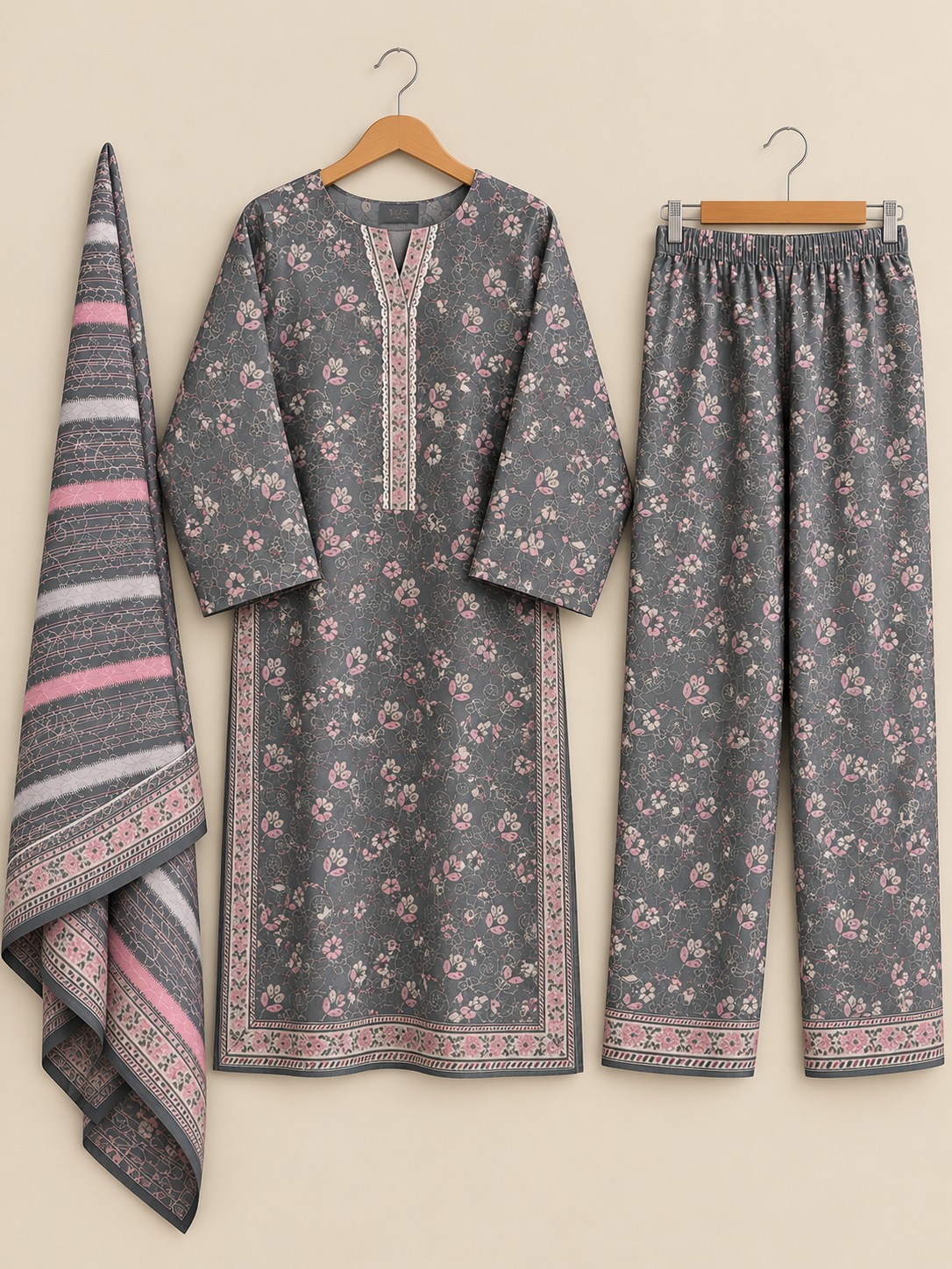 Women 3 Piece Suit in Grey with Pink Flower Print