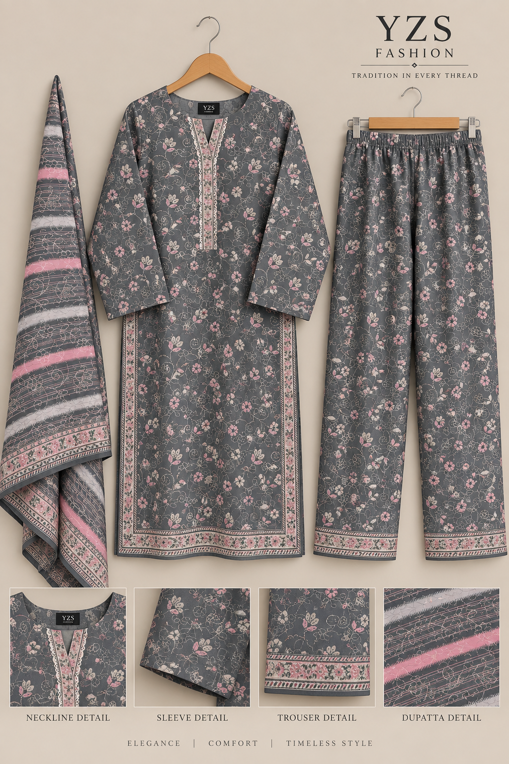 Grey Floral Printed 3-Piece Suit