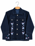 Dark Blue Denim Jacket for Girls with Butterfly Embroidery