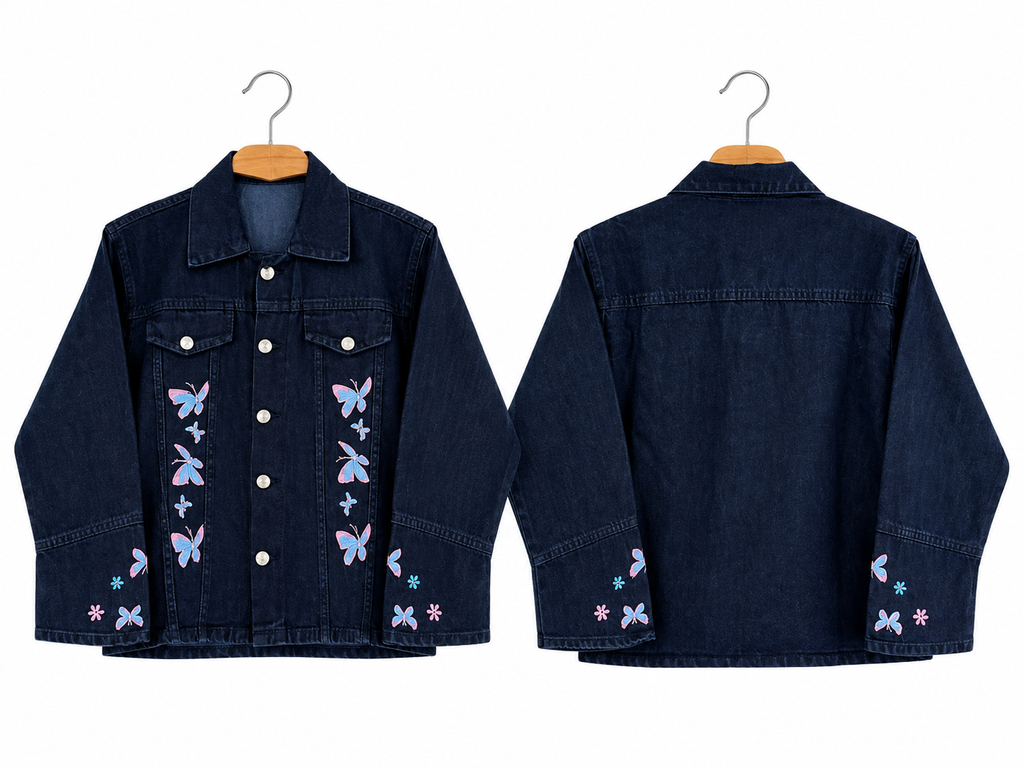Dark Blue Denim Jacket for Girls with Butterfly Embroidery