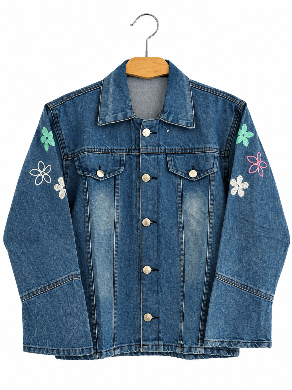 Girls Denim Jacket with Colorful Flower Embroidery – Dark Blue & Medium Blue