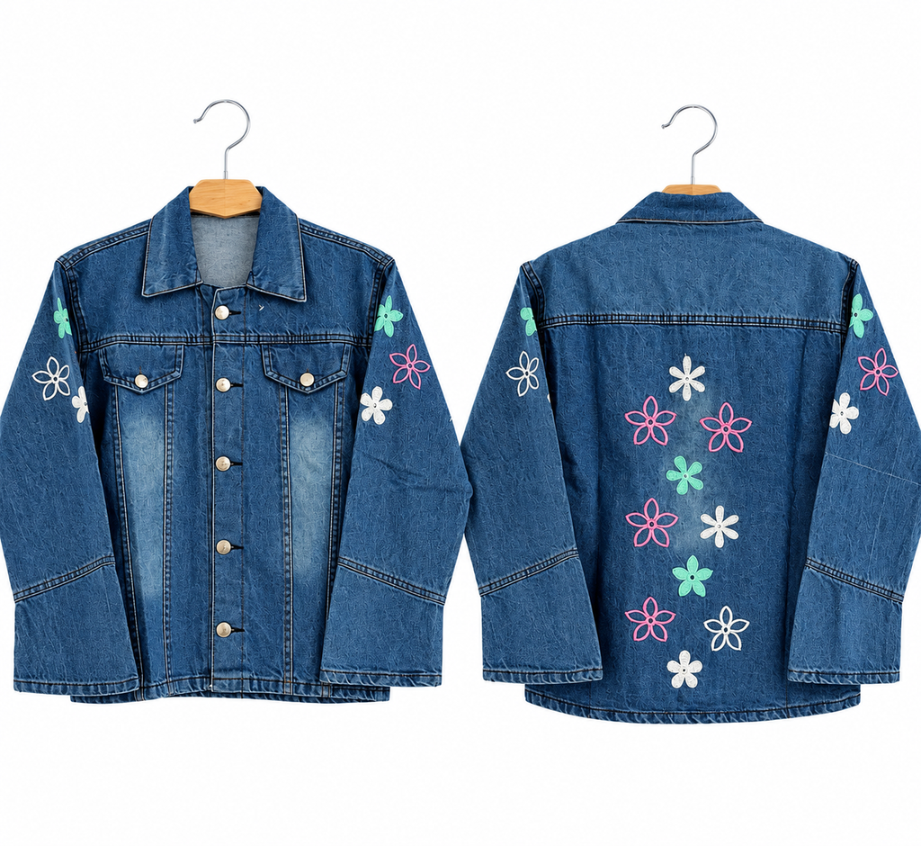 Girls Denim Jacket with Colorful Flower Embroidery – Dark Blue & Medium Blue